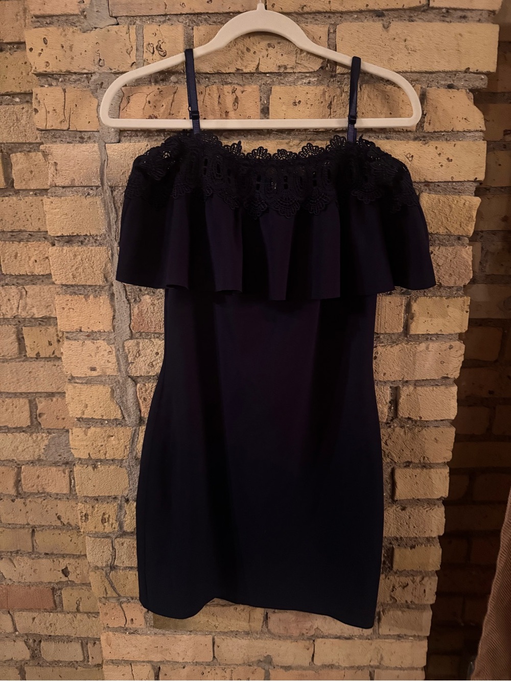 BCX Navy Off-Shoulder Ruffle Mini Dress
